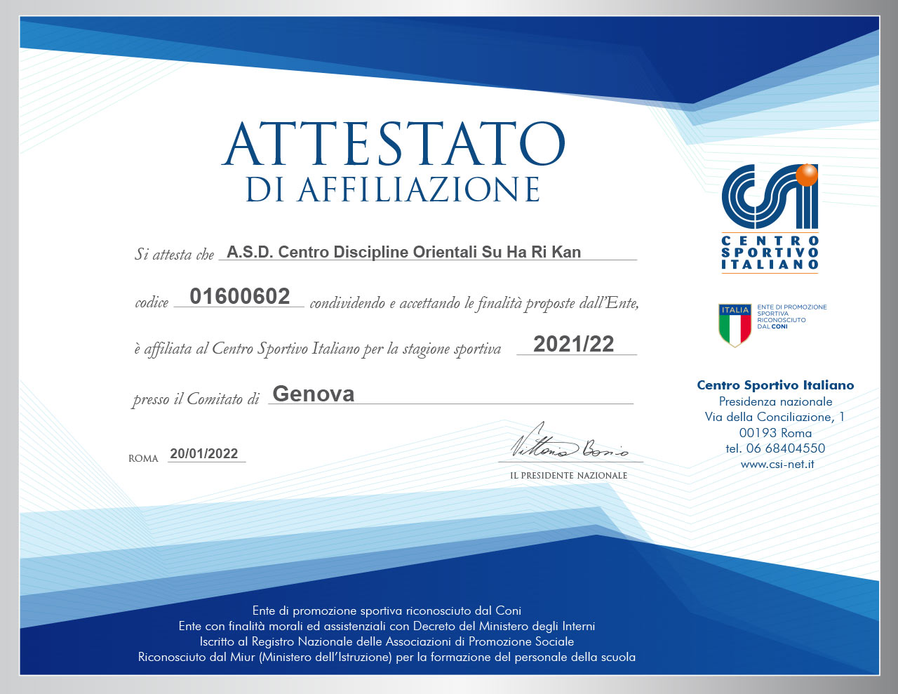 Attestato affiliazione CSI